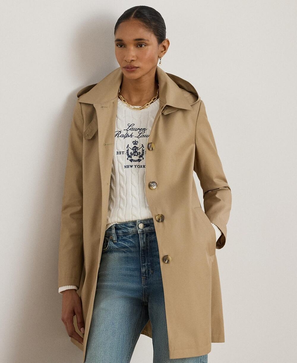 Lauren Ralph Lauren Women's Hooded Raincoat Sand Size L 3994